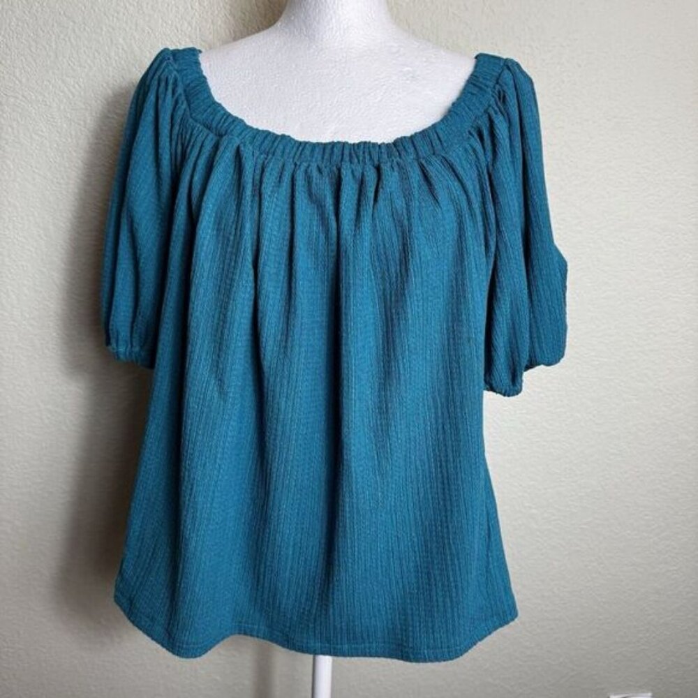 Anthropologie Women's Top Teal‎ Blue Short Sleeve Size M Puffy Sleeves Elodie